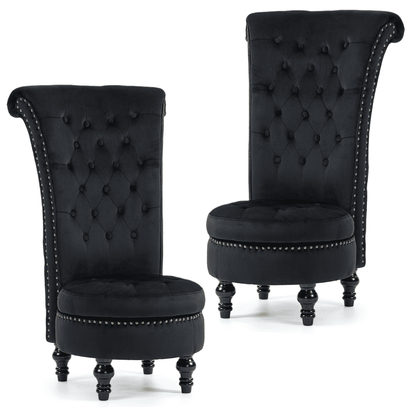WENTUM High Back Throne Royal Chair Set of 2, Velvet Armless Accent with Storage, Nailhead Trim, Solid Rubberwood Legs for Living Room Bedroom,Black