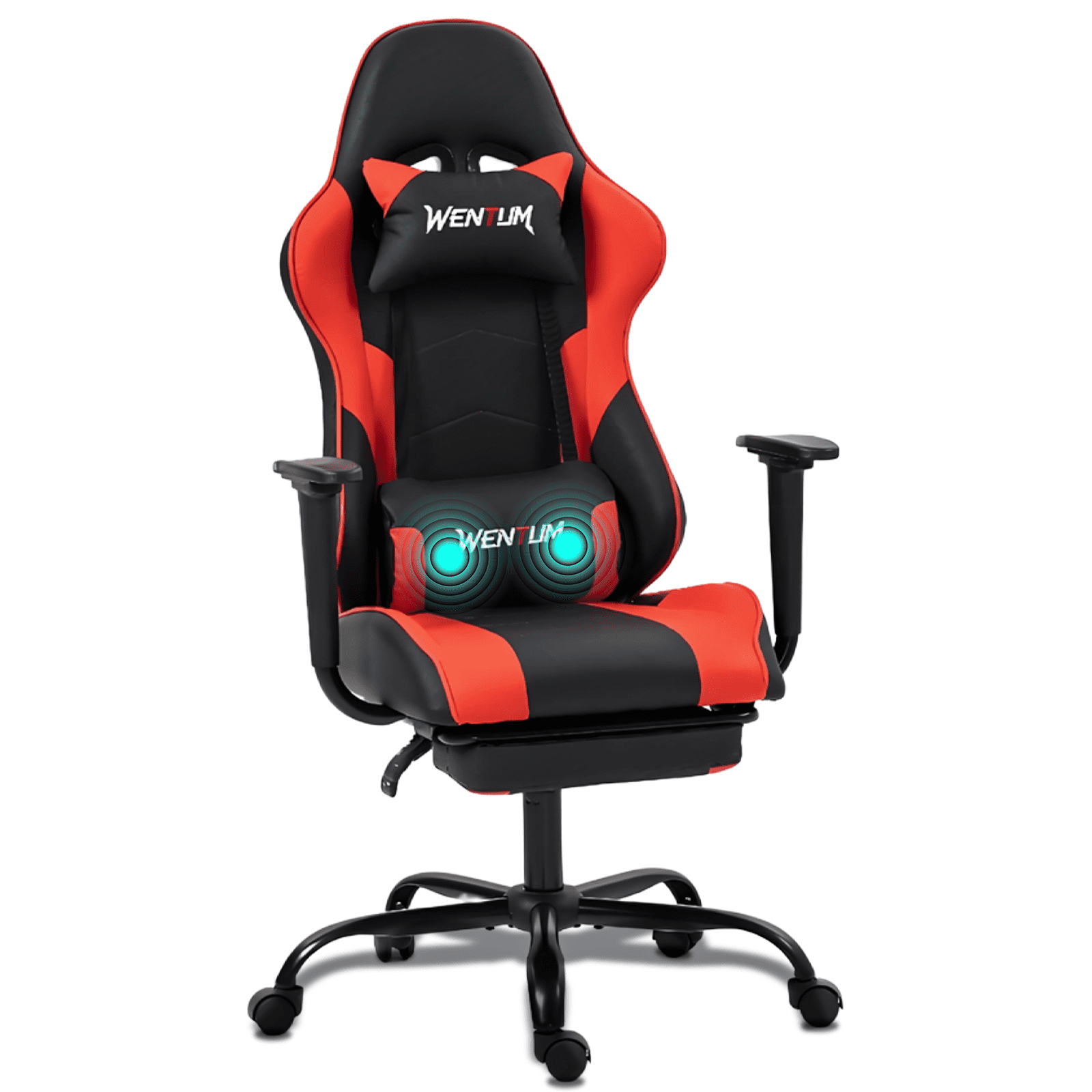 WENTUM Reclining Gaming Chair with Footrest, Massage Racing Office Chair, PU Leather Computer Desk Chair with Head Pillow for Adults, Red