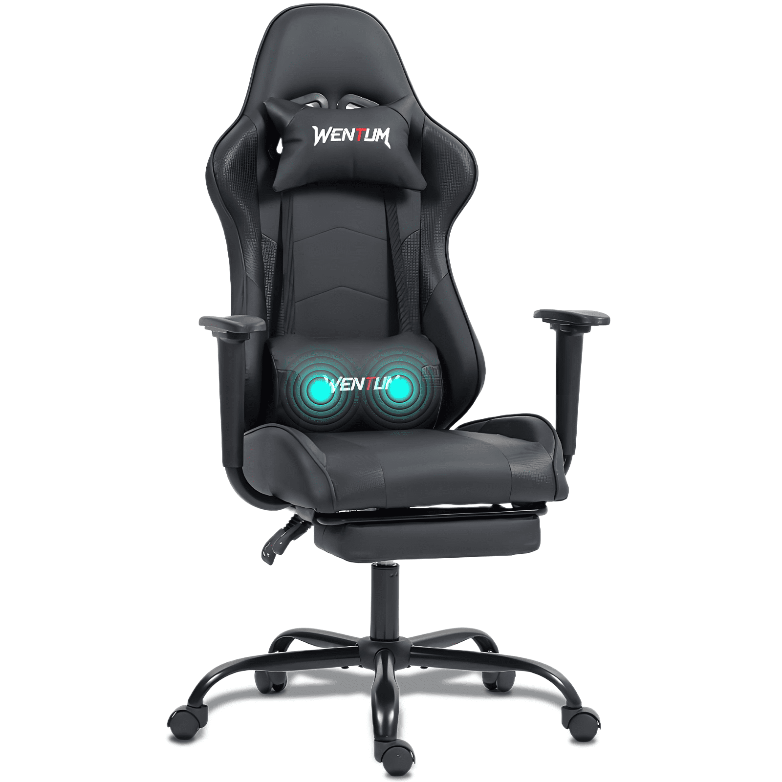 Wentum Reclining Gaming Chair With Footrest, Massage Racing Office Chair, PU Leather Computer Desk Chair with Head Pillow for Adults, Black