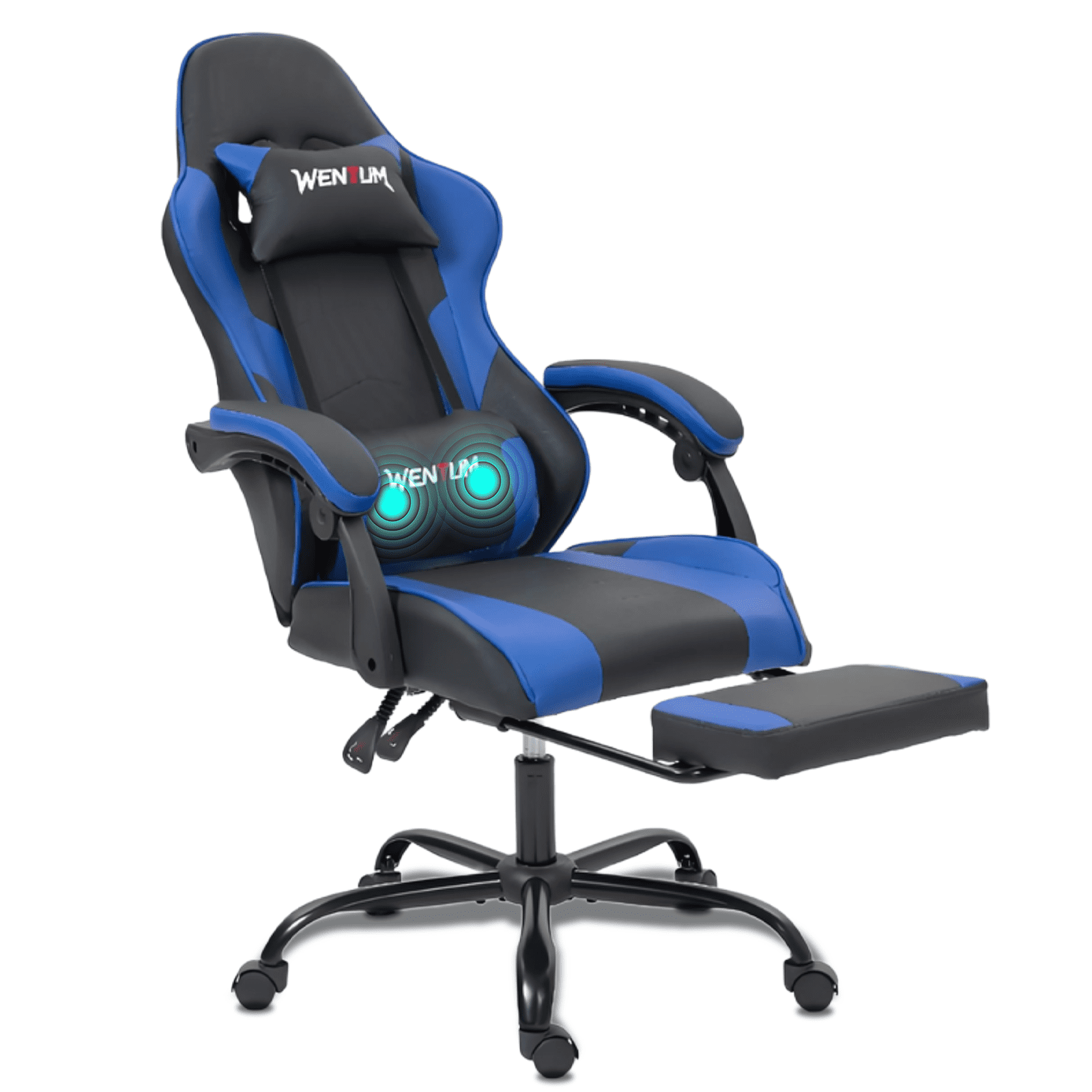 WENTUM Ergonomic Reclining Gaming Chair with Linkage Armrests & Footrest, Racing Office Chair, PU Leather Computer Desk Chair, Blue