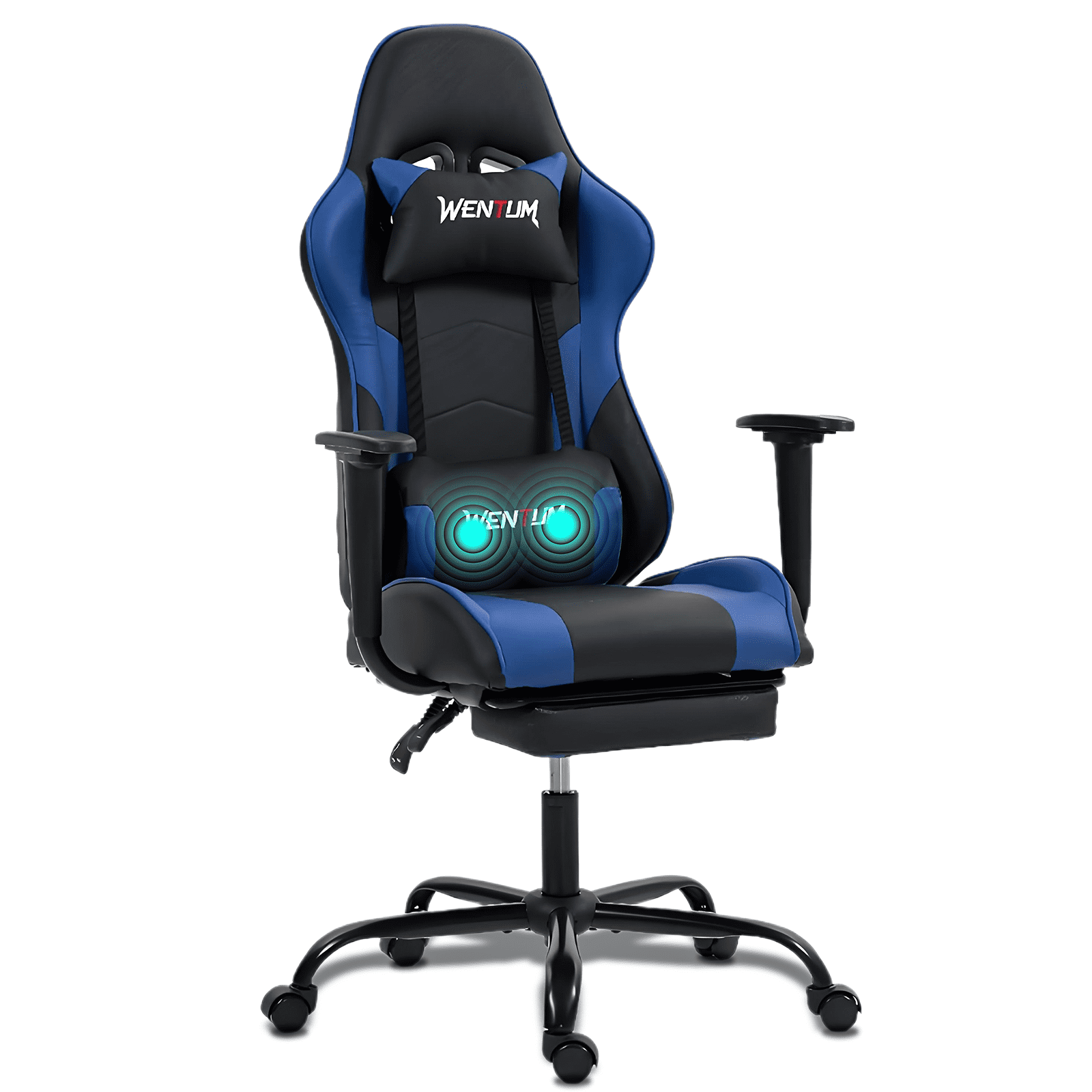 WENTUM Reclining Gaming Chair with Footrest, Massage Racing Office Chair, PU Leather Computer Desk Chair with Head Pillow for Adults, Blue