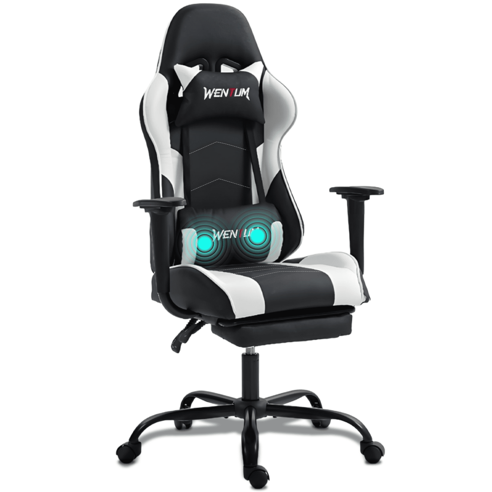 WENTUM Reclining Gaming Chair with Footrest, Massage Racing Office Chair, PU Leather Computer Desk Chair with Head Pillow for Adults, White
