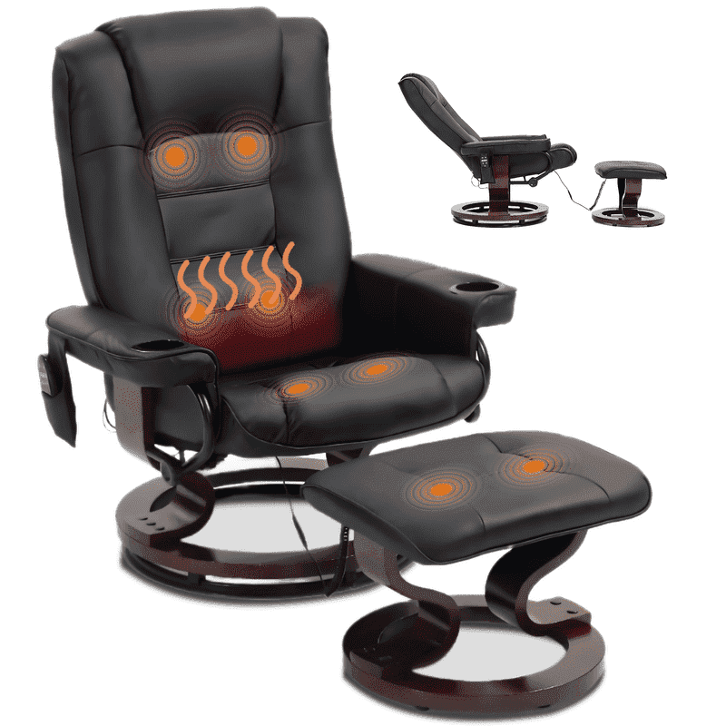 WENTUM Massage Recliner with Ottoman Swivel Wood Base, Adjustable Recline, Faux Leather Lounge Chair with Footrest for Living Room and Bedroom, Black