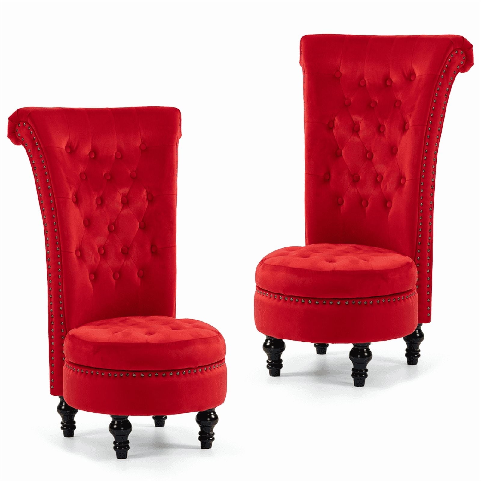 WENTUM High Back Throne Royal Chair Set of 2,Velvet Armless Accent with Storage, Nailhead Trim, Solid Rubberwood Legs for Living Room Bedroom, Red