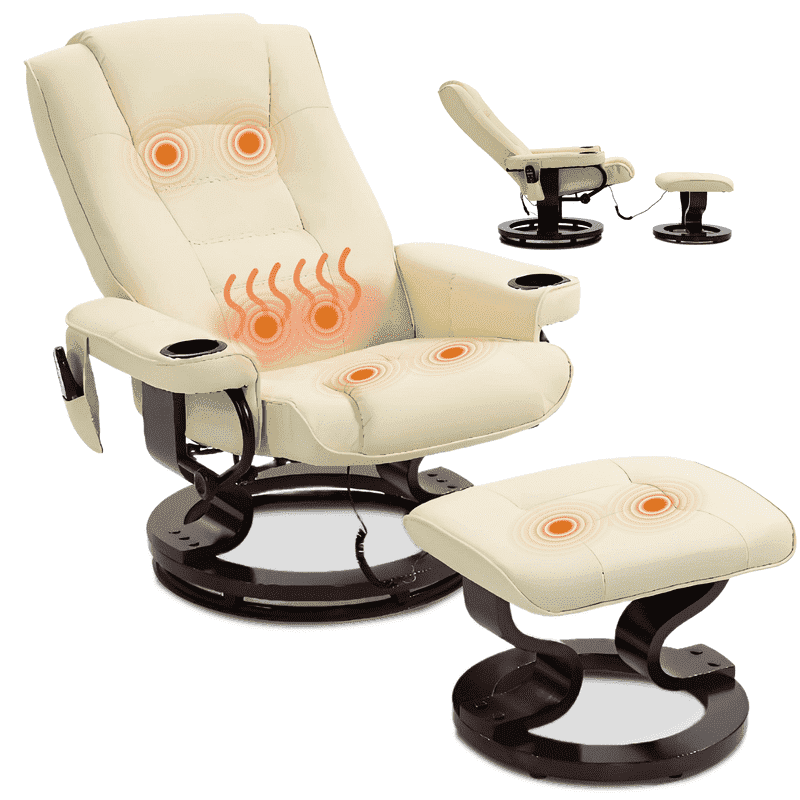 WENTUM Massage Recliner with Ottoman Swivel Wood Base, Adjustable Recline, Faux Leather Lounge Chair with Footrest for Living Room and Bedroom, Beige