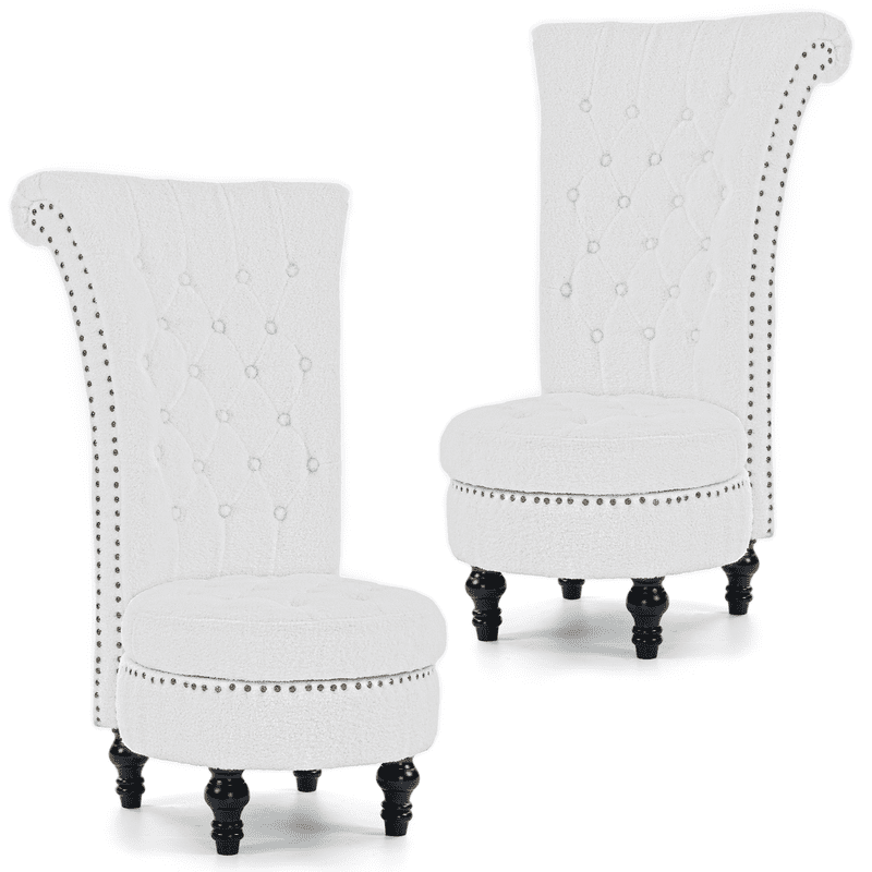 WENTUM High Back Throne Royal Chair Set of 2, Teddy Fabric Armless Accent with Storage, Nailhead Trim, Solid Rubberwood Legs for Living Room Bedroom,White